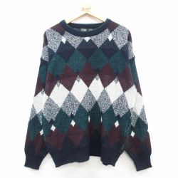 L★古着 長袖 セーター メンズ 90年代 90s アクリル クルーネック 緑他 グリーン 24nov12 中古 ニット トップス