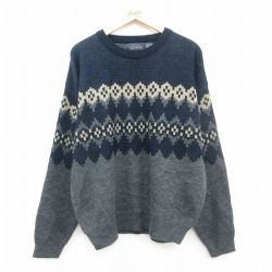 XL★古着 ベーシックエディションズ 長袖 セーター メンズ 00年代 00s アクリル クルーネック グレー他 24nov12 中古 ニット トップス