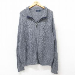 XL★古着 ノーティカ NAUTICA 長袖 ブランド ケーブル ニット カーディガン メンズ ワンポイントロゴ 濃紺 ネイビー 霜降り 24nov12 中古 トップス