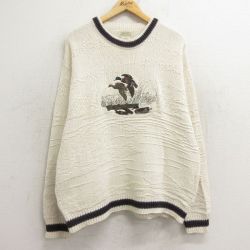【50%OFF】XL★古着 セントジョンズベイ 長袖 セーター メンズ 90年代 90s 鳥 刺繍 コットン クルーネック USA製 生成り 24nov12 中古 ニット トップス