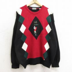 L★古着 長袖 セーター メンズ 00年代 00s ゴルフ 刺繍 コットン クルーネック 黒他 ブラック 24nov13 中古 ニット トップス