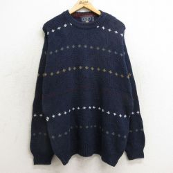 L★古着 長袖 セーター メンズ 90年代 90s コットン クルーネック USA製 紺他 ネイビー 24nov13 中古 ニット トップス