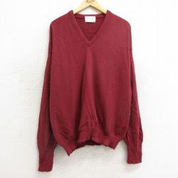 L★古着 長袖 セーター メンズ 80年代 80s 無地 アクリル Vネック USA製 エンジ系 24nov14 中古 ニット トップス