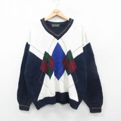 XL★古着 長袖 セーター メンズ 00年代 00s アーガイル コットン クルーネック 紺他 ネイビー 24nov19 中古 ニット トップス
