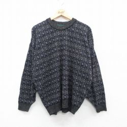【50%OFF】L★古着 長袖 セーター メンズ ウール クルーネック 黒他 ブラック 24nov19 中古 ニット トップス