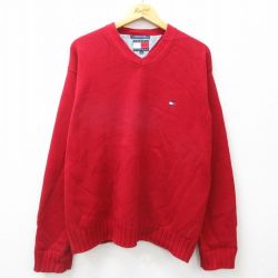L★古着 トミーヒルフィガー TOMMY HILFIGER 長袖 ブランド セーター メンズ 90年代 90s ワンポイントロゴ コットン クルーネック 赤 レッド 24nov19 中古 ニット トップス