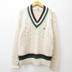 M★古着 ラコステ LACOSTE IZOD 長袖 ブランド ケーブル チルデン セーター メンズ 90年代 90s ワンポイントロゴ ラグラン アクリル Vネック 白 ホワイト 24nov19 中古 ニット トップス
