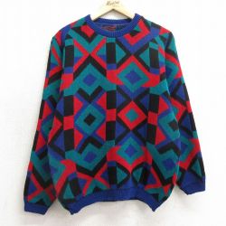 M★古着 長袖 セーター メンズ クルーネック 青他 ブルー 24nov29 中古 ニット トップス