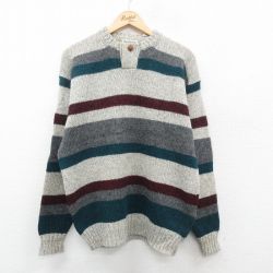 L★古着 長袖 セーター メンズ 90年代 90s ウール クルーネック グレー他 ボーダー 24nov30 中古 ニット トップス