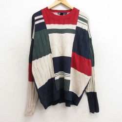 XL★古着 ノーティカ NAUTICA 長袖 ブランド セーター メンズ 90年代 90s アーガイル 大きいサイズ リネン クルーネック 紺他 ネイビー 24dec02 中古 ニット トップス