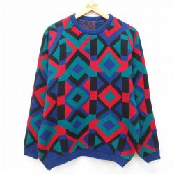 【20%OFF】M★古着 長袖 セーター メンズ クルーネック 青他 ブルー 24dec03 中古 ニット トップス