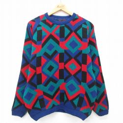 【20%OFF】M★古着 長袖 セーター メンズ クルーネック 青他 ブルー 24dec03 中古 ニット トップス
