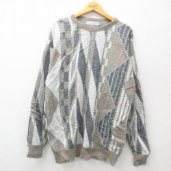 XL★古着 ジャンセン 長袖 セーター メンズ 90年代 90s クルーネック USA製 ベージュ他 カーキ 24dec03 中古 ニット トップス