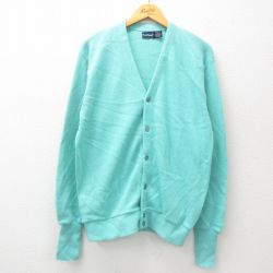 L★古着 長袖 ニット カーディガン メンズ 80年代 80s 無地 アクリル USA製 青緑 24dec03 中古 トップス