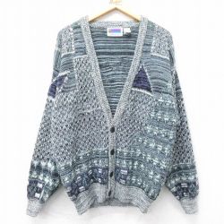 L★古着 長袖 ニット カーディガン メンズ 00年代 00s アクリル 黒他 ブラック 24dec04 中古 トップス