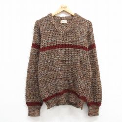 M★古着 長袖 セーター メンズ 70年代 70s アクリル Vネック 茶他 ブラウン 24dec05 中古 ニット トップス