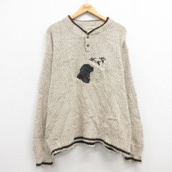 【50%OFF】XL★古着 セントジョンズベイ 長袖 セーター メンズ 90年代 90s 犬 刺繍 大きいサイズ ヘンリーネック USA製 ベージュ カーキ 24dec05 中古 ニット トップス