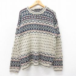 【50%OFF】L★古着 STRUCTURE 長袖 セーター メンズ 00年代 00s クルーネック ベージュ他 カーキ 24dec05 中古 ニット トップス
