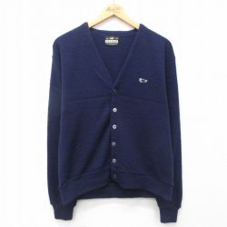 M★古着 長袖 ニット カーディガン メンズ 80年代 80s カメ アクリル 紺 ネイビー 24dec05 中古 トップス