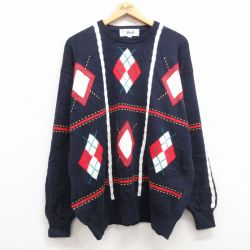 【50%OFF】XL★古着 長袖 セーター メンズ 90年代 90s アーガイル 手織り コットン クルーネック 濃紺 ネイビー 24dec06 中古 ニット トップス