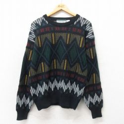 XL★古着 長袖 セーター メンズ 90年代 90s アクリル クルーネック 黒他 ブラック 24dec06 中古 ニット トップス