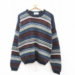 L★古着 ニューエラ 長袖 セーター メンズ 90年代 90s フェアアイル クルーネック USA製 紺他 ネイビー 24dec06 中古 ニット トップス