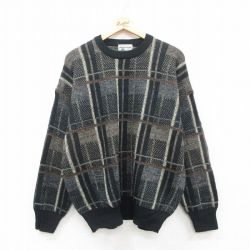 XL★古着 長袖 セーター メンズ 大きいサイズ アクリル クルーネック 黒他 ブラック 24dec06 中古 ニット トップス