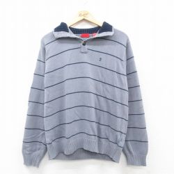 【50%OFF】L★古着 IZOD 長袖 セーター メンズ コットン グレー他 ボーダー 24dec07 中古 ニット トップス