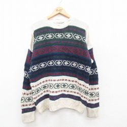 【20%OFF】M★古着 長袖 セーター メンズ 00年代 00s フェアアイル クルーネック 紺他 ネイビー 24dec11 中古 ニット トップス