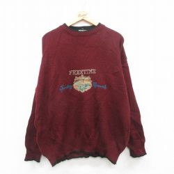 【20%OFF】XL★古着 長袖 セーター メンズ 90年代 90s FREE TIME 刺繍 大きいサイズ クルーネック イタリア製 エンジ他 24dec12 中古 ニット トップス