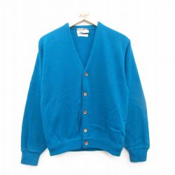 M★古着 長袖 ニット カーディガン メンズ 80年代 80s 無地 アクリル 青緑 24dec13 中古 トップス