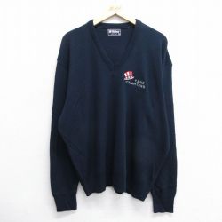 【50%OFF】XL★古着 長袖 セーター メンズ 90年代 90s YANK 大きいサイズ コットン Vネック USA製 紺 ネイビー 24dec18 中古 ニット トップス