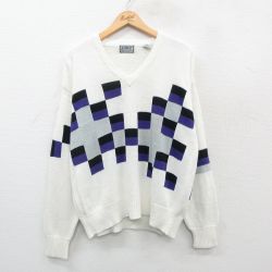 【50%OFF】L★古着 長袖 セーター メンズ 00年代 00s アクリル Vネック 白他 ホワイト 24dec19 中古 ニット トップス