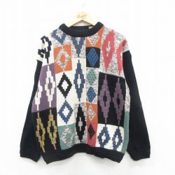 【50%OFF】L★古着 長袖 セーター メンズ 00年代 00s アクリル クルーネック 黒他 ブラック 24dec19 中古 ニット トップス