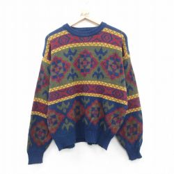 【50%OFF】L★古着 長袖 セーター メンズ 00年代 00s アクリル クルーネック 濃緑他 グリーン 24dec19 中古 ニット トップス