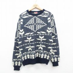【20%OFF】M★古着 bonjour 長袖 セーター メンズ 90年代 90s アクリル クルーネック 紺他 ネイビー 24dec19 中古 ニット トップス