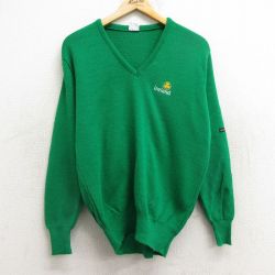 M★古着 長袖 セーター メンズ 90年代 90s クローバー アクリル Vネック アイルランド製 緑 グリーン 24dec21 中古 ニット トップス