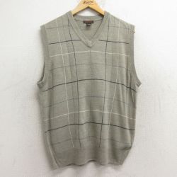 【50%OFF】M★古着 ドッカーズ ニット ベスト メンズ アクリル Vネック 薄ベージュ系 カーキ チェック 24dec21 中古 トップス