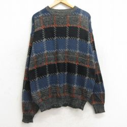 XL★古着 メンバーズオンリー 長袖 セーター メンズ 90年代 90s 大きいサイズ クルーネック 濃グレー他 チェック 24dec21 中古 ニット トップス