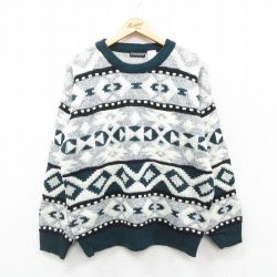【50%OFF】XL★古着 長袖 セーター メンズ ネイティブ柄 ラグ柄 アクリル クルーネック 白他 ホワイト 24dec21 中古 ニット トップス