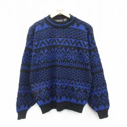 【20%OFF】M★古着 長袖 セーター メンズ 90年代 90s アクリル クルーネック 黒他 ブラック 24dec21 中古 ニット トップス