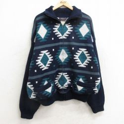 XL★古着 長袖 フルジップ ニット カーディガン メンズ 90年代 90s ネイティブ柄 ラグ柄 大きいサイズ アクリル 紺他 ネイビー 内側サーマル 24dec23 中古 トップス