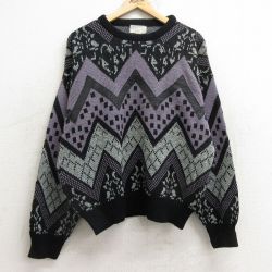 【50%OFF】XL★古着 長袖 セーター メンズ 90年代 90s レザー使用 アクリル クルーネック 黒他 ブラック 24dec23 中古 ニット トップス
