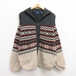 M★古着 タウンクラフト 長袖 フルジップ ノルディック ニット カーディガン メンズ 雪柄 アクリル 濃グレー他 24dec24 中古 トップス