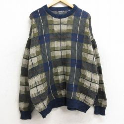 XL★古着 長袖 セーター メンズ 90年代 90s 大きいサイズ コットン クルーネック USA製 紺他 ネイビー チェック 24dec24 中古 ニット トップス