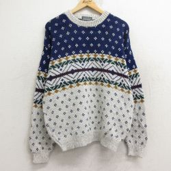 【50%OFF】L★古着 長袖 セーター メンズ 90年代 90s コットン クルーネック USA製 グレー他 24dec24 中古 ニット トップス