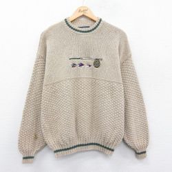 【50%OFF】M★古着 バンヒューセン 長袖 セーター メンズ 90年代 90s 釣り 刺繍 クルーネック USA製 ベージュ他 カーキ 24dec27 中古 ニット トップス