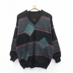 【50%OFF】L★古着 長袖 セーター メンズ Vネック 黒他 ブラック 24dec27 中古 ニット トップス