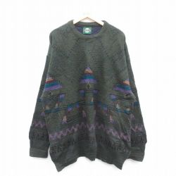 XL★古着 ジャンセン 長袖 セーター メンズ 90年代 90s ネイティブ柄 ラグ柄 大きいサイズ　ロング丈 クルーネック 濃緑他 グリーン 25jan06 中古 ニット トップス