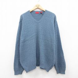 XL★古着 IZOD 長袖 ケーブル セーター メンズ 大きいサイズ コットン Vネック 薄紺 ネイビー 25jan08 中古 ニット トップス